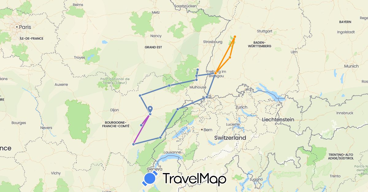 TravelMap itinerary: driving, cycling, train, hitchhiking in Switzerland, Germany, France (Europe)