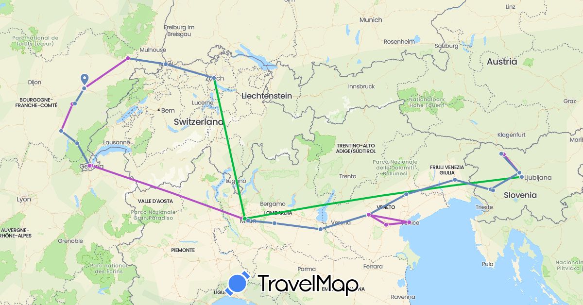 TravelMap itinerary: bus, cycling, train in Switzerland, France, Italy, Slovenia (Europe)