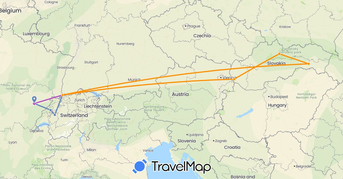 TravelMap itinerary: driving, cycling, train, hitchhiking in Switzerland, France, Slovakia (Europe)