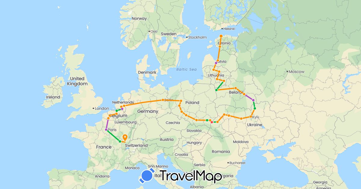 TravelMap itinerary: driving, bus, train, hiking, hitchhiking in Belgium, Belarus, Germany, Estonia, France, Lithuania, Latvia, Netherlands, Poland, Ukraine (Europe)