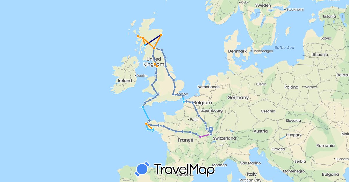 TravelMap itinerary: driving, cycling, train, boat, hitchhiking in France, United Kingdom (Europe)